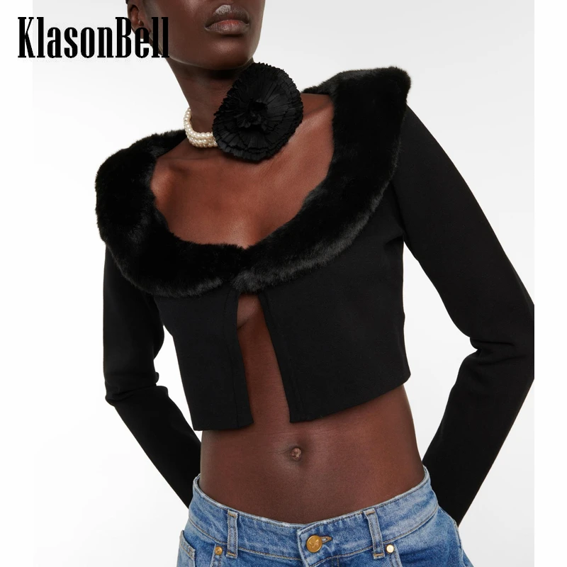 

10.13 KlasonBell Sexy Black Faux Fur Collar Short Knitted Cardigan Women