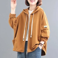 2022 spring autumn new korean loose hooded cardigan solid color womens jacket casual black sweatershirt women zipper blouser