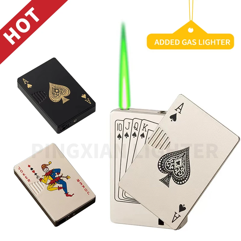 

Dropshipping Metal Playing Cards Lighter Green Flame Poker Lighter Novel Lighter Poker Jet Torch Butane Metal Windproof Lighter