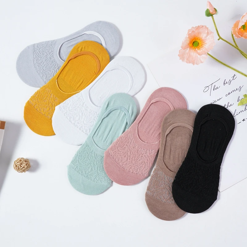 

5 Pairs Women Lace Hollow Solid Color Boat Socks Female Cotton Breathable Shallow Mouth Invisible Non-slip Silicone Boat Socks