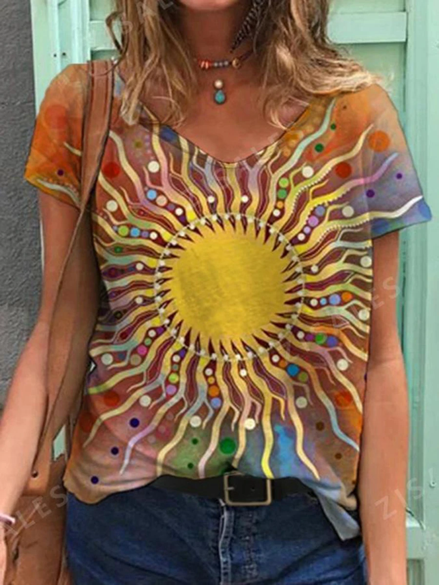 

Women Short Sleeve Abstract Pattern Printed T-Shirts Summer Fashion Cotton V-Neck Tops Plus Size S-5XL Shirts