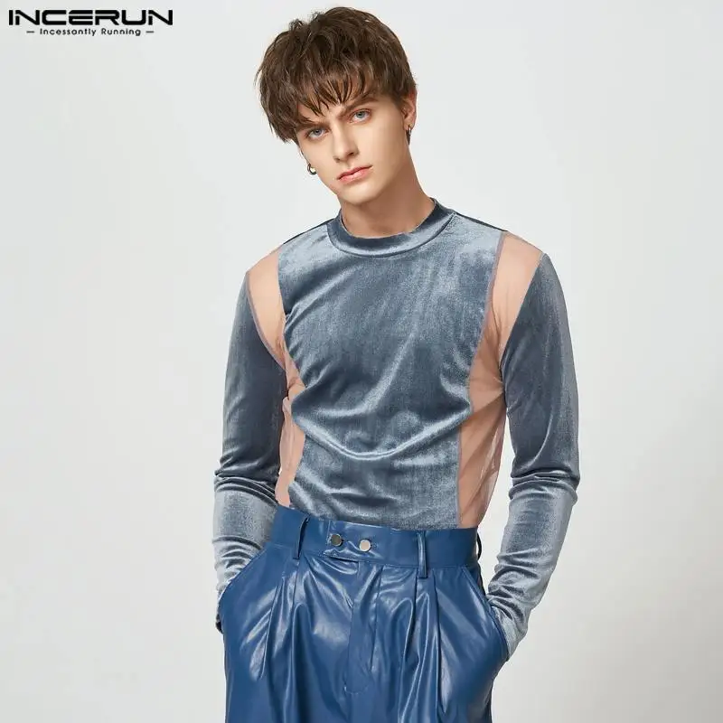

INCERUN Tops 2023 American Style New Men Splicing Mesh Perspective Shirts Fashion Male Half-high Leader Long Sleeve Blouse S-5XL