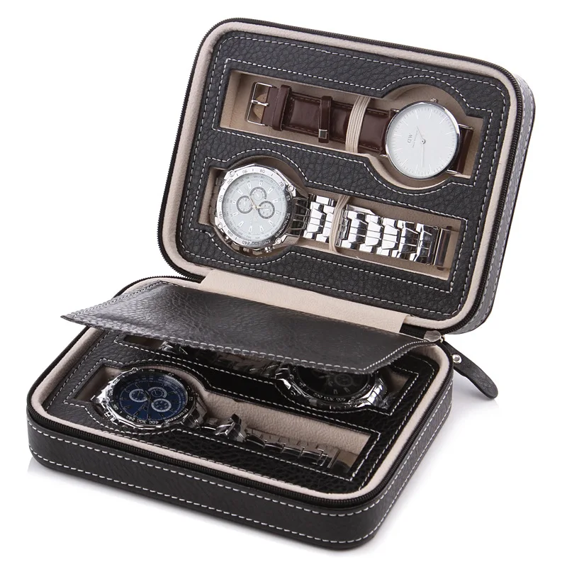 2/4/8 Grids Portable Faux PU Leather Zipper Travel Watch Storage Case Box Organizer Famous Watch Box Storage Bag