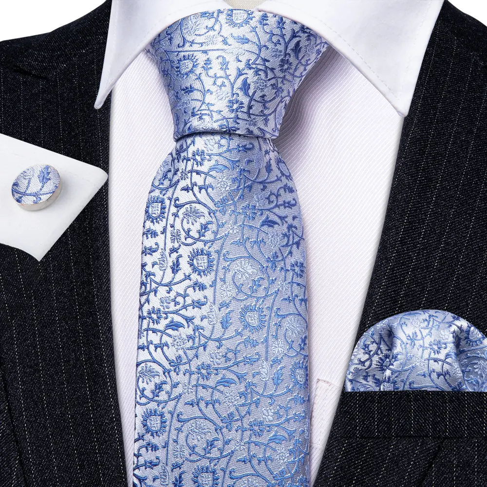 

Blue Silk Baby Paisley Floral Men Tie Wedding Gift Barry.Wang Designer NeckTie Handkerchief Cufflinks Set Business Groom LN-5920