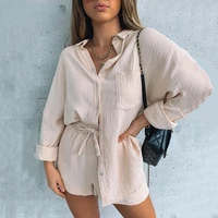 2022 summer autumn long sleeve top shirt women and shorts casual women set black two pieces set loose outfit female