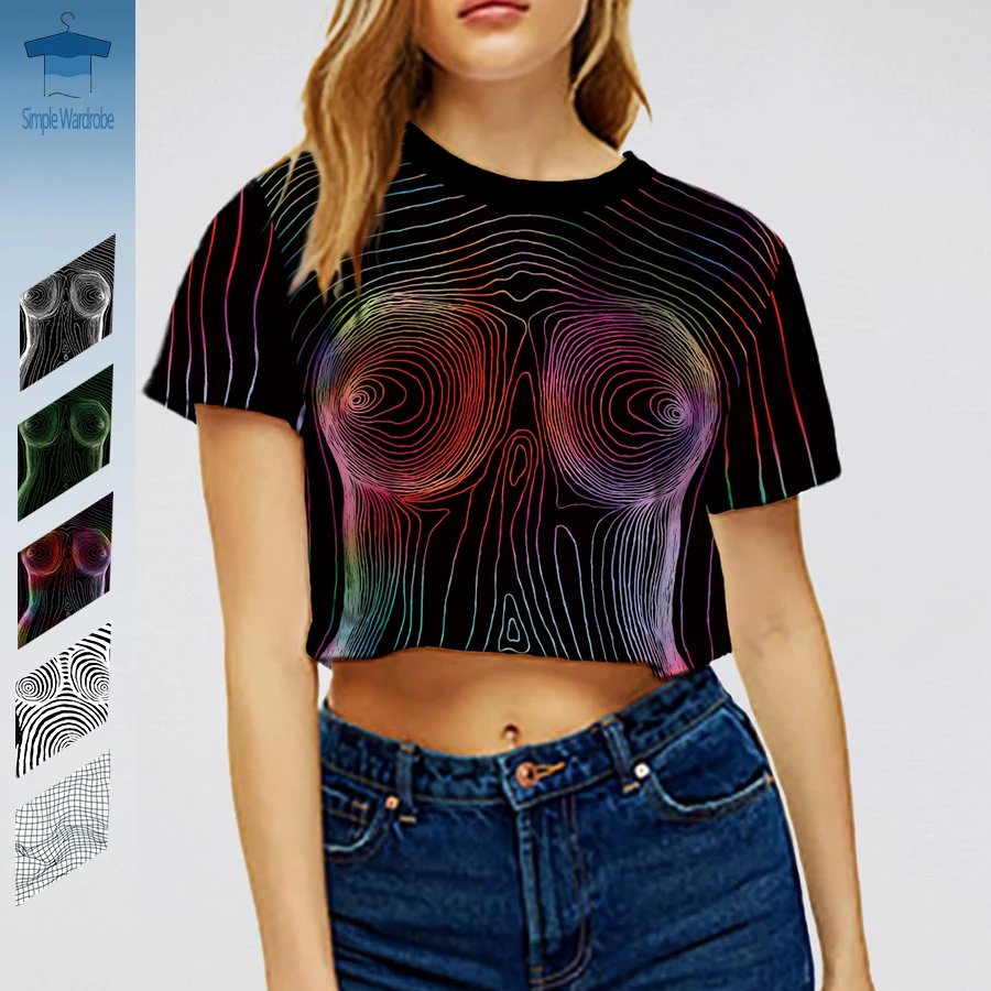 

Y2K Short Sleeve Round Neck Women Crop Top 3D Print T Shirts For Famale Hot Girl Short Clothing Amekaji Summer Art Texture Tee