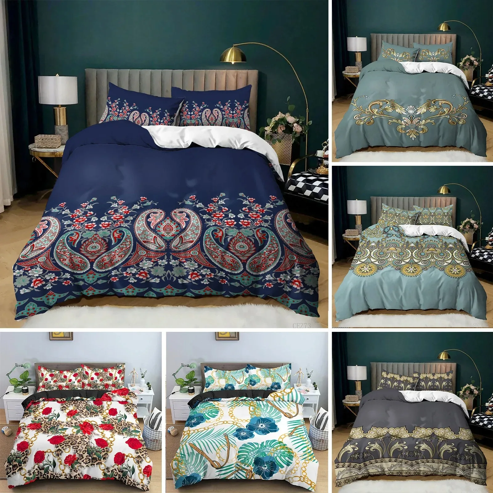 Комплект постельного белья с пододеяльником и цветочным принтом зеленого белого