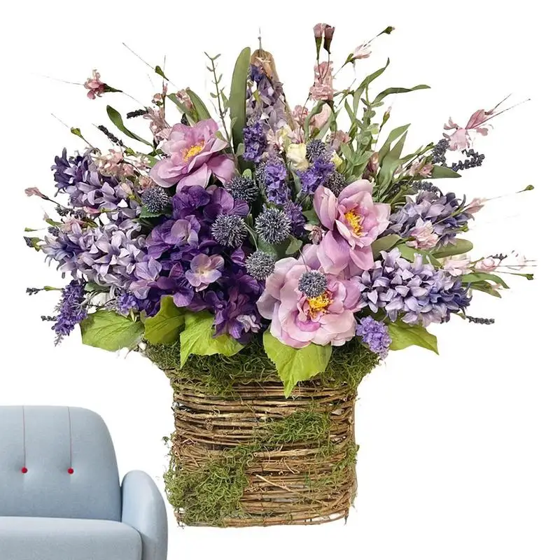 

Корзина с дикими цветами, венок с розовыми ягодами, корзина с дикими цветами, украшение для двери дома, летние венки для входной двери, все