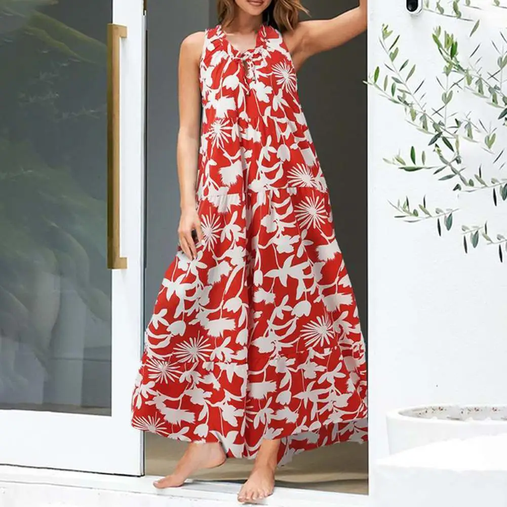 

Loose Type String Hollow Out Sleeveless Floral Pattern Summer Dress Female Clothes