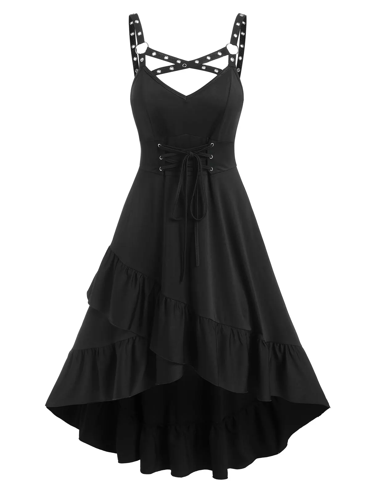 

Dressfo Punk Midi Irregular Lace Up Eyelet Straps Flounced High Low Midi Dress Gothic Stype Solid Black Robe For Women