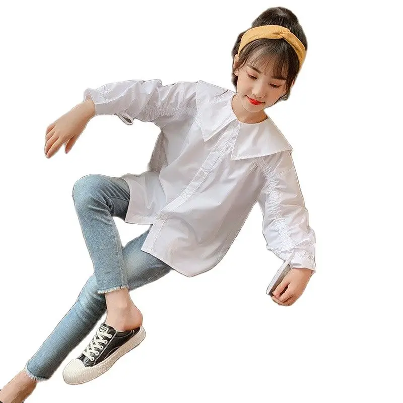 

Shirts Kids Girl Peter Pan Collar Korean Style Fashion Students Kawaii Lovely Streetwear Teenage Girls Drawstring Casual Blouses