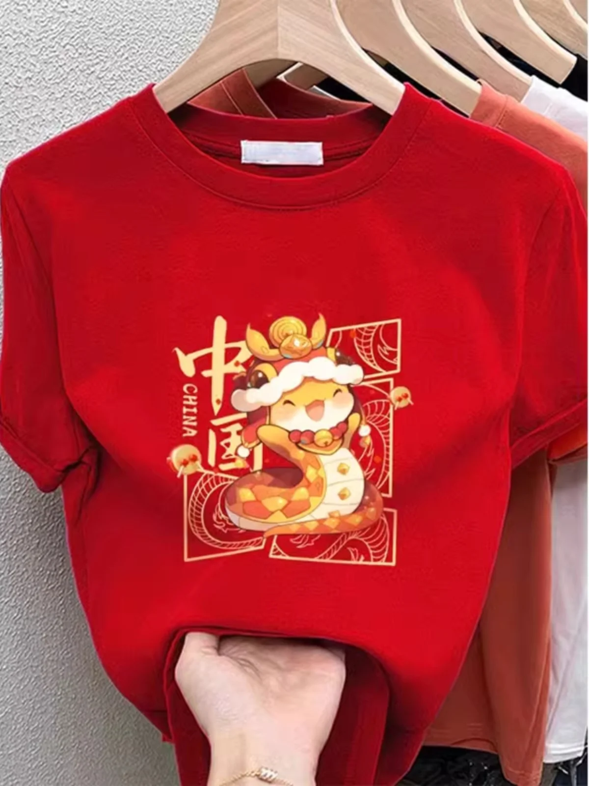 Extra Large 50.00kg Red Western Sle Snake Year of Fate Pure Cotton Short sleeve T-shirt 2025 New Couple look Half Sleeve