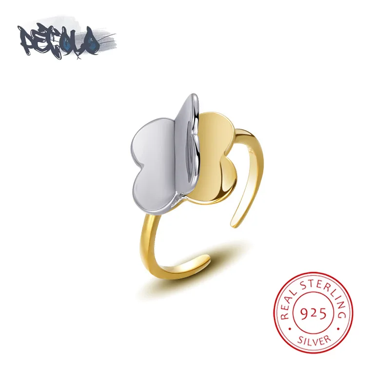 

Exquisite 925 Sterling Silver Ring for Women Classic Four-leaf Clover Ring Fashion Two-tone Open Adjustable Hip Hop Ring