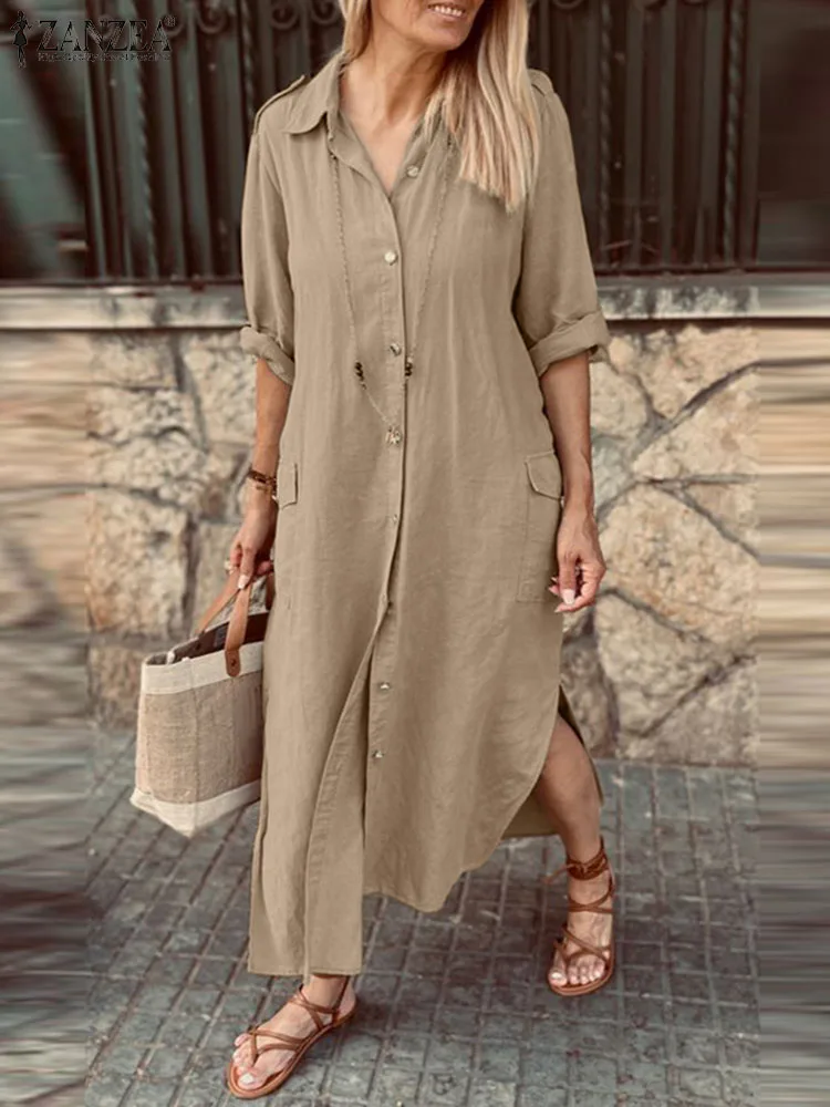 

2023 ZANZEA Fashion Lapel Neck Long Sleeve Shirt Dress Women Autumn Split Hem Long Sundress Casual Solid Holiday Vestidos Kaftan