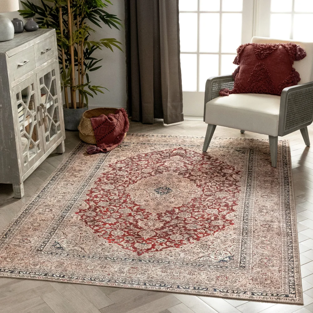 

Well Woven Lotus Tonti Red Vintage Medallion Oriental 7'10" x 9'10" Machine Washable Flat-Weave Area Rug