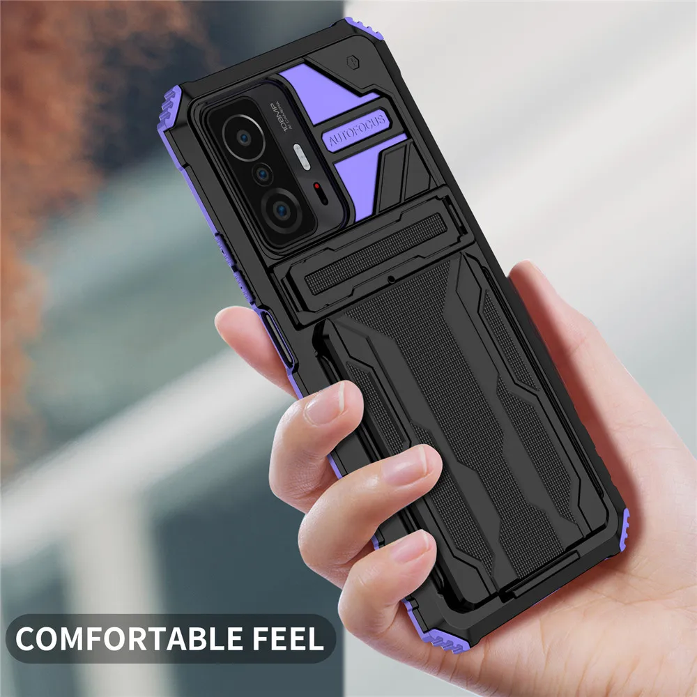 

For Xiaomi 11T Case For Mi 11T Pro Armor Shockproof Phone Case For Xiaomi Mi 11T Pro 11TPro Card Slot Bracket Stand Holder Cover