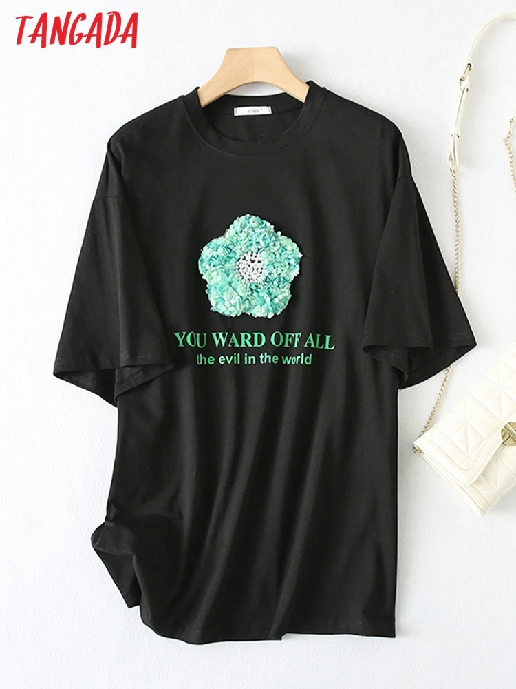 

Женская хлопковая футболка с коротким рукавом, круглым вырезом и цветочной вышивкой