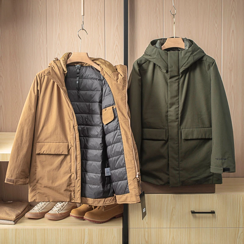 Man Duck Down Overcoat & Jacket Puffy Warm Thick Padded Parkas with a Hood Male Winter Cloth Daily Outerwear Army Green Khaki