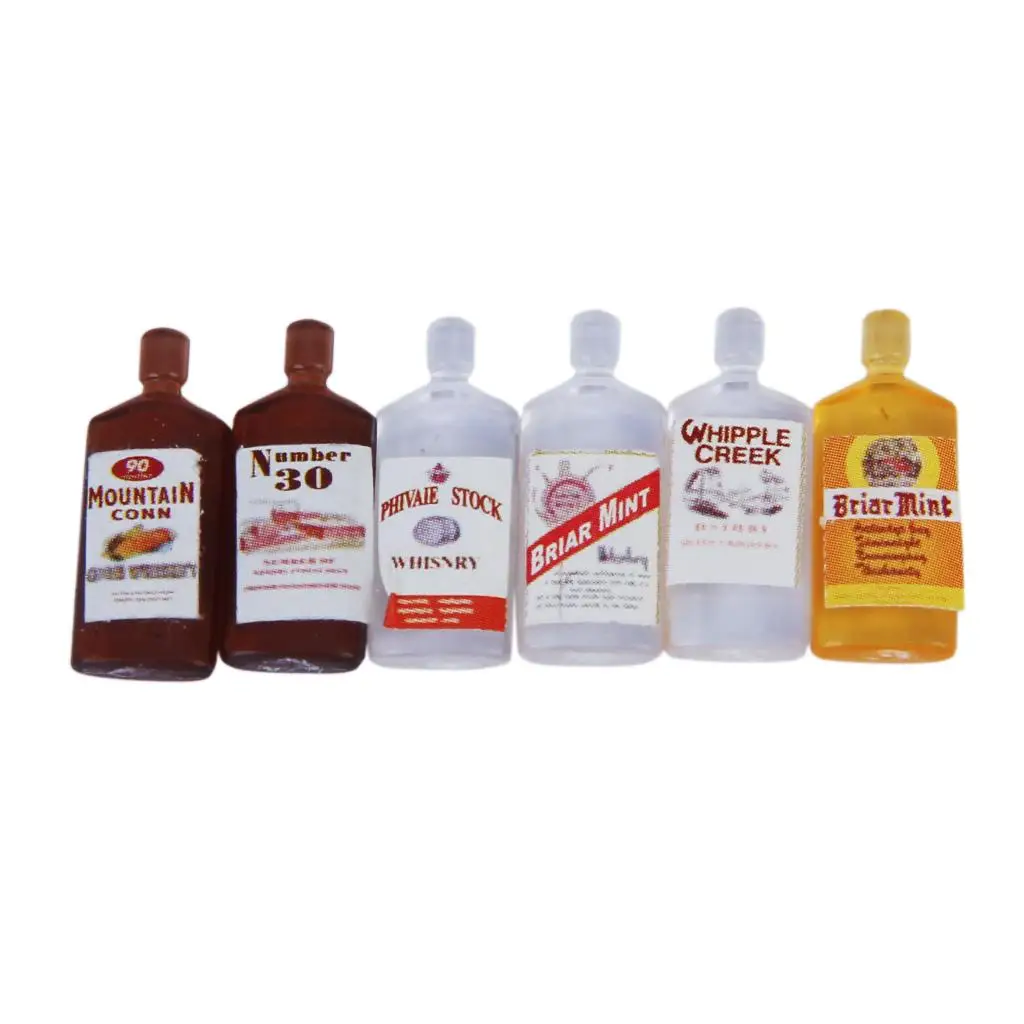

6pcs Miniature Wine Whisky Bottles for 1/12 Dollhouse Kitchen Bar Accessory