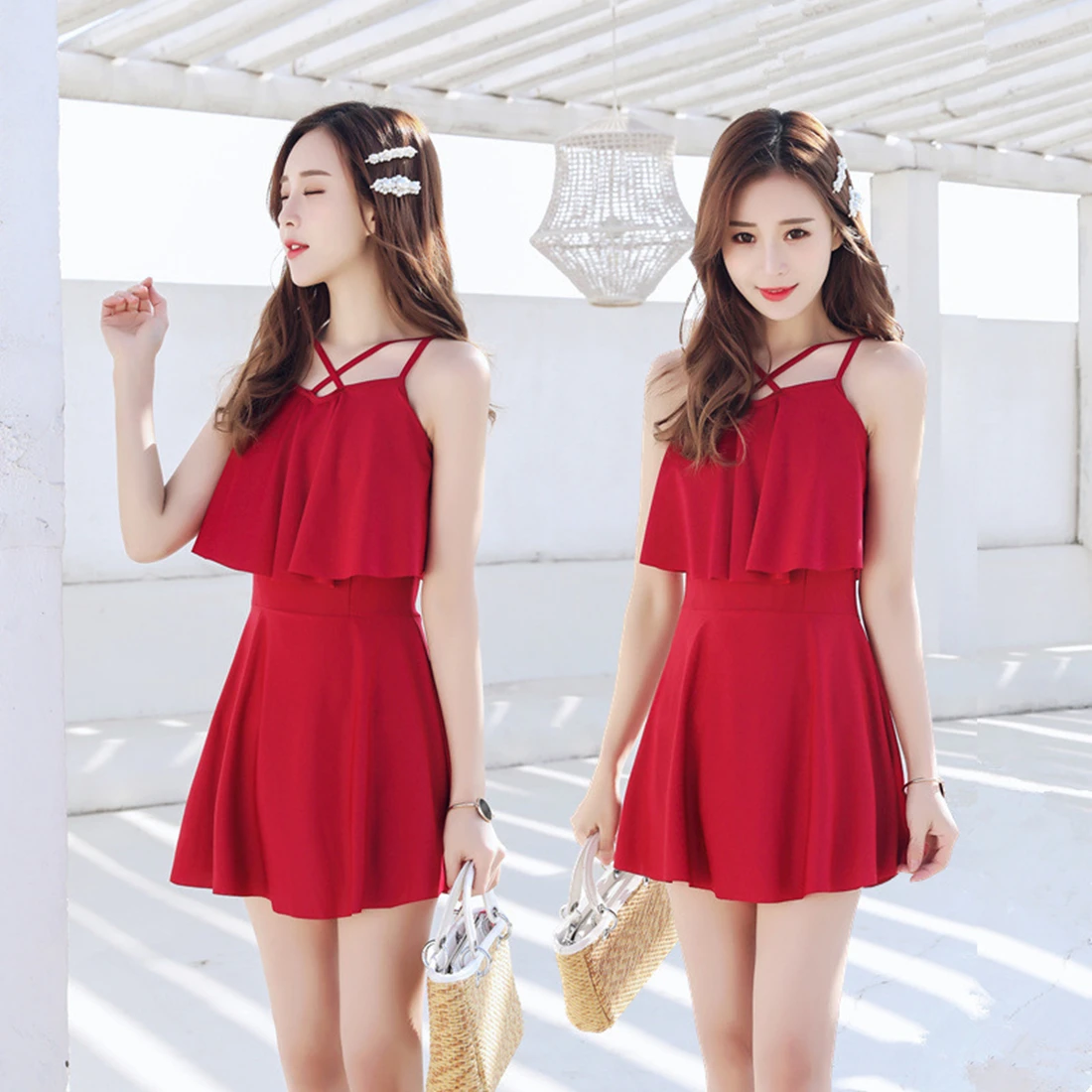 Women Swimsuit Split Type Swim Suit Sexy Conservative Flat Angle Cover One's Belly Swimwear Hot Spring Beach Bathing Skirt Dress