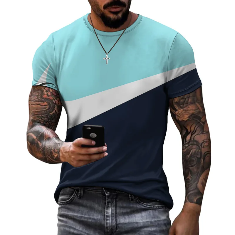 

Dazzling summer new sports style design models stitching printed short-sleeved tops simple casual breathable T-shirt clothes men