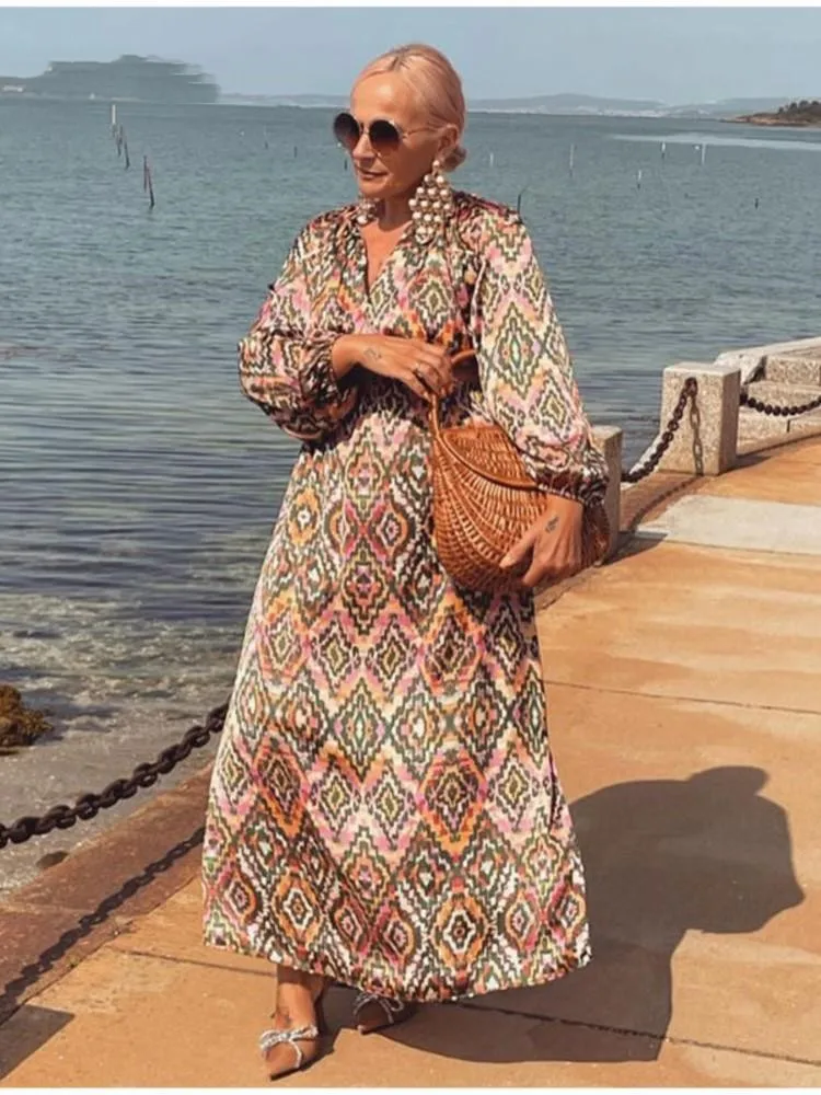 

RDMQ 23 V-neck Waistless Prints Maxi Dress Women Vintage Long Sleeves Loose-fitting Vestidos Classic Vintage Seaside Resort Robe