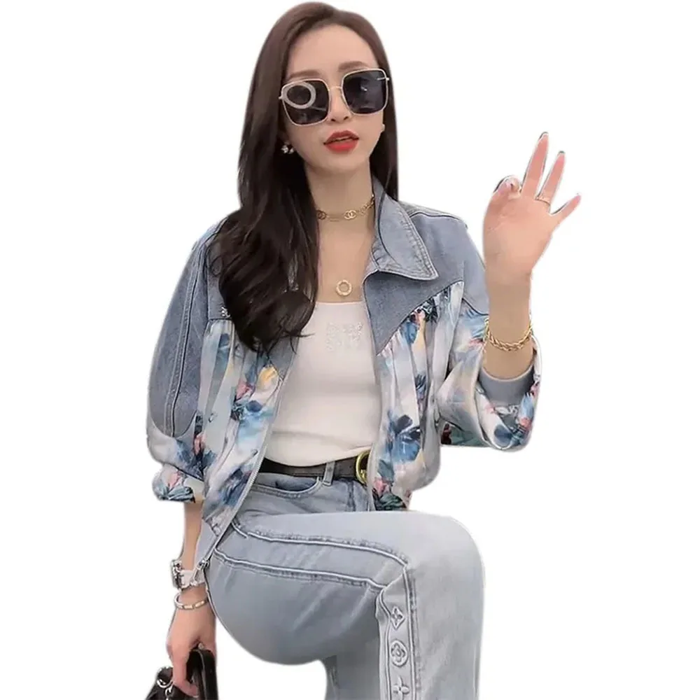 Осень 2023 новая корейская джинсовая куртка со сращенной отделкой женское