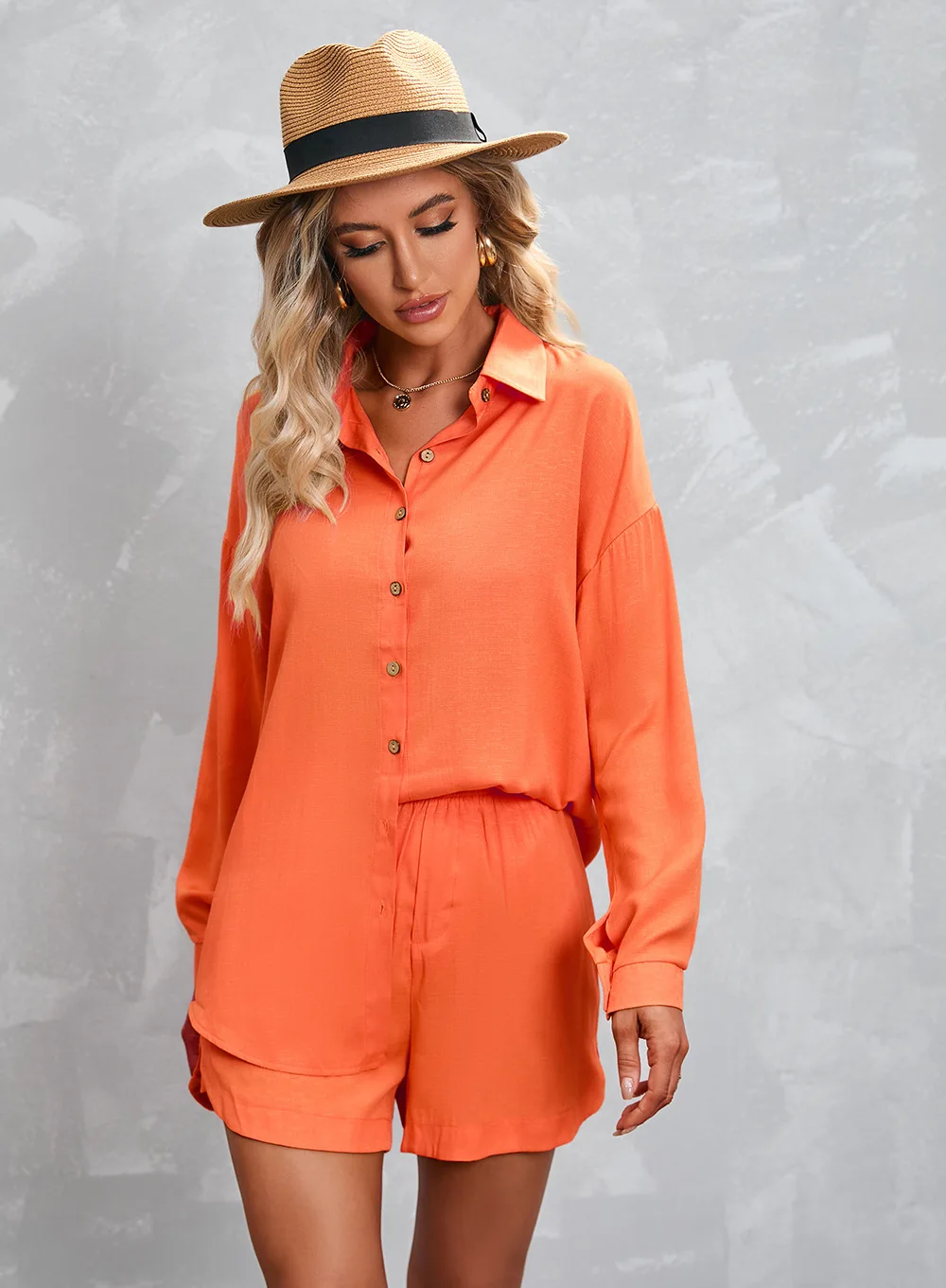

2023 Women's Summer New Long-sleeved Shorts Shirt Casual Suit Two Piece Sets Womens Outifits