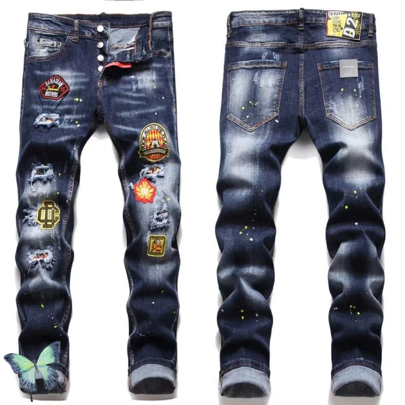 

Stylish Stretch Paint Spot Ripped Hole DSQ2 Men Denim Jeans Pants