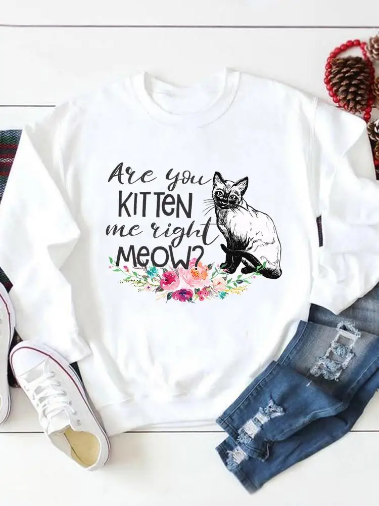 

Cat Flower Letter 90s Style Print Graphic Sweatshirts Casual Autumn Pullovers Fashion Spring Fall Female Women Regular Clothing