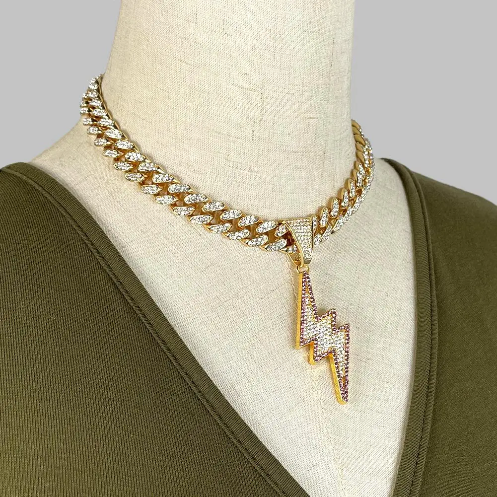 

Simple Temperament Crystal Lightning Pendant Fashion Men's and Women's Necklaces Hip Hop Miami Diamond Cuban Chain Necklace