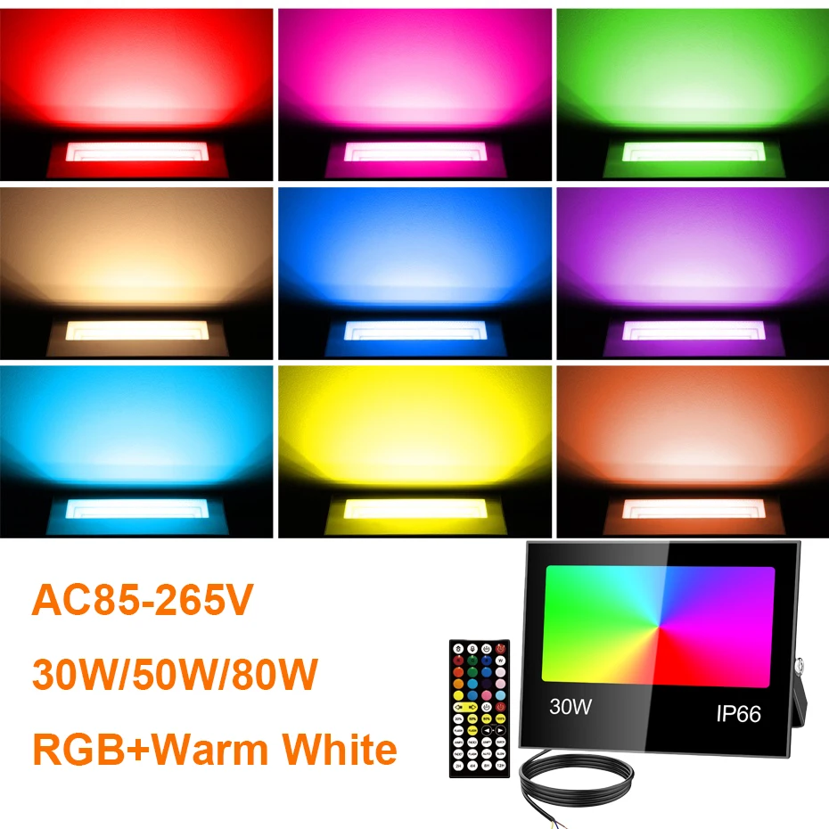 Фото Светодиодный RGB прожектор 30W 50W 80W IP66 водонепроницаемый, AC 220V 110V, для садового освещения и декоративного оформления №1