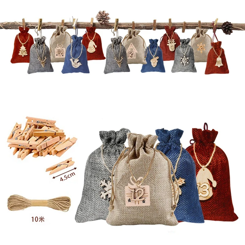 

Набор сумок с календарем для нового года, Подарочный пакет на шнурке на 24 дня с рождественским подвесным деревянным подвесным мешком для конфет