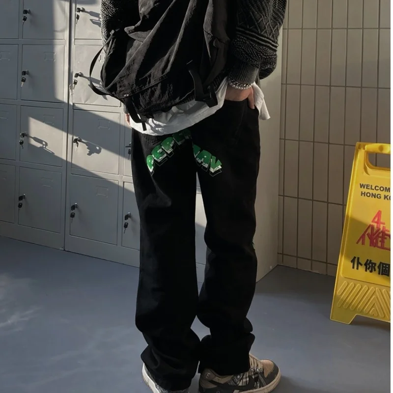 YIHANKE Vertical Jeans Men Autumn American High Street Style Contrast Letter Printing Casual Wide Leg Pants Streetwear Sale Blue