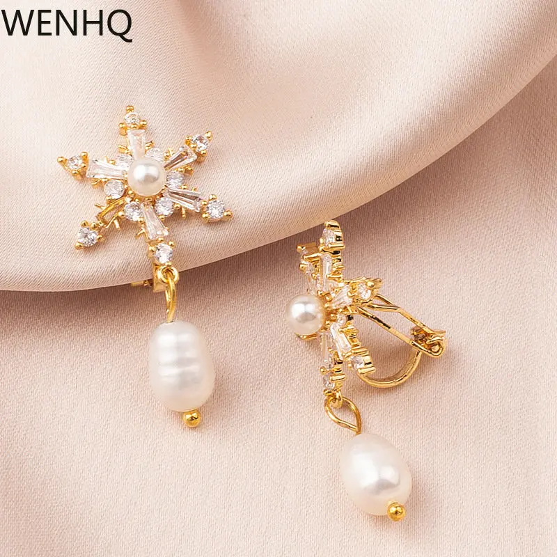 

WENHQ High Quality Cubic Zircon Pearl Snowflake Clip on Earrings Women's Fashion Drop Earrings Shiny Cuff Earrings Charm Jewelry