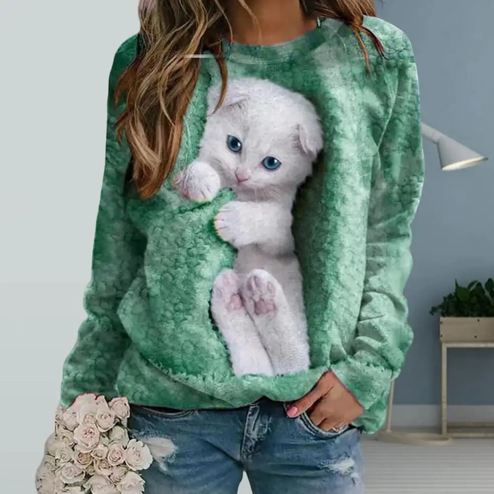 

Simple Spring Sweatshirt Breathable Women Sweatshirt Long Sleeves Women White Cute Cat Print Sweatshirt Warm