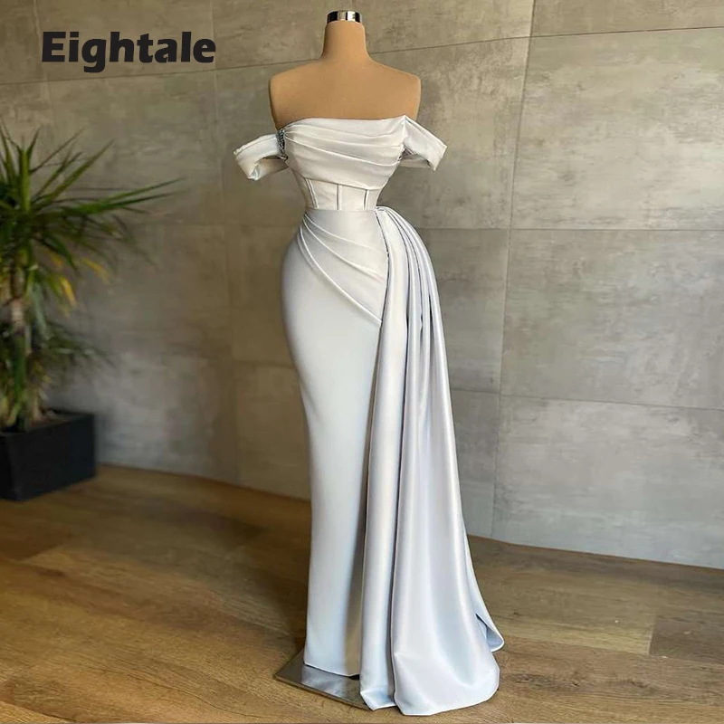 

Eightale Arabic Evening Dress off Shoulder Pleats White Custom Made Prom Gown Formal Women Party Dress Dubai robe de soiree