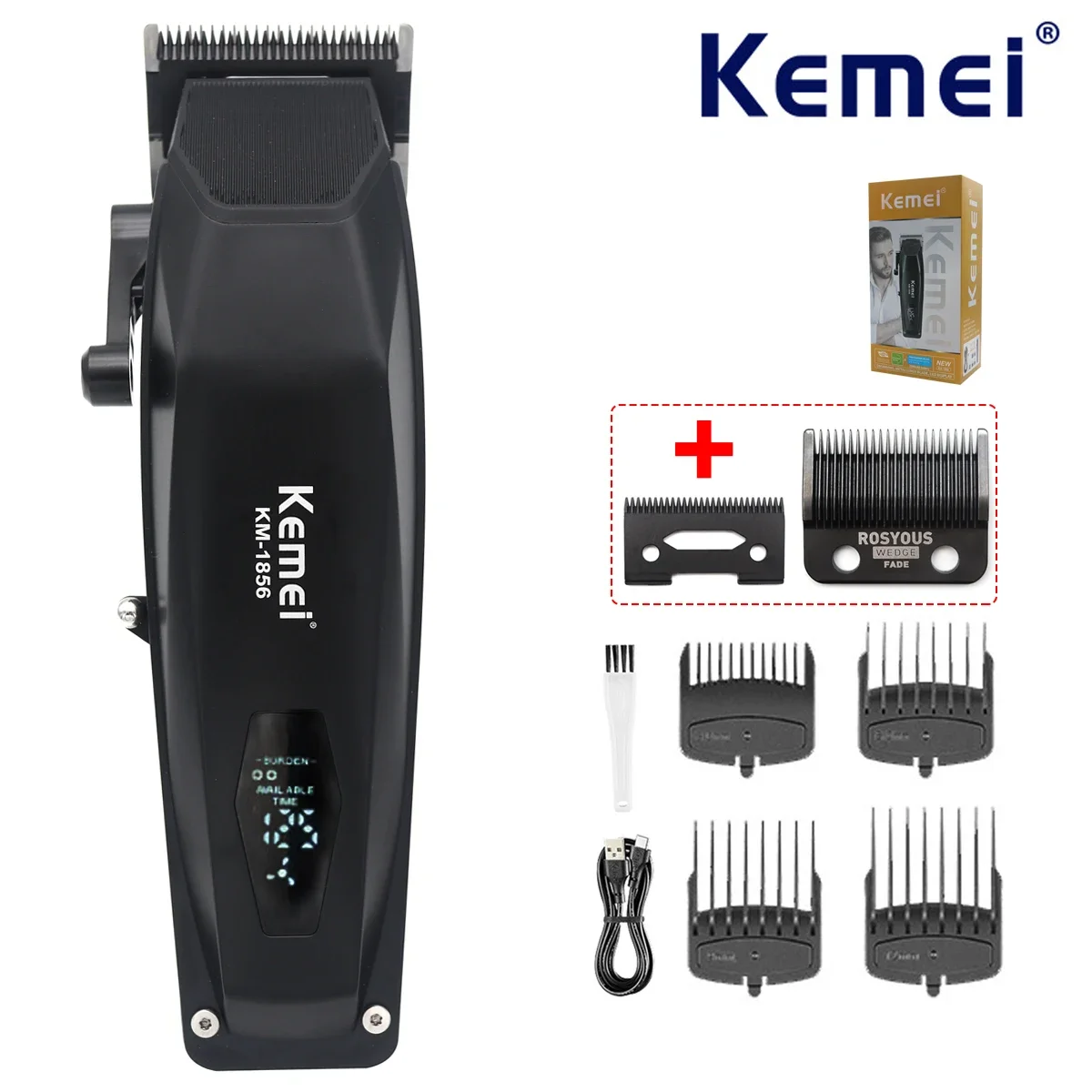 Kemei KM-1856 Мужская машинка для стрижки волос со светодиодным дисплеем Беспроводной