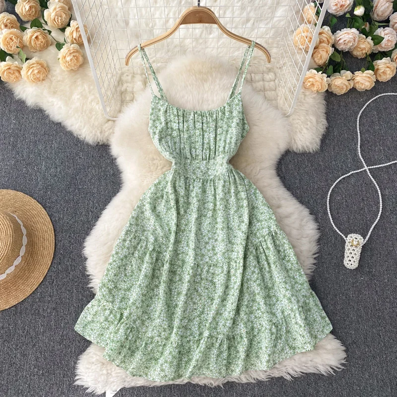 

2022 Summer New Fashion Women Sleeveless Slim Waist Chiffon Floral Print A-line Short Dress Casual Vestidos De Mujer E969