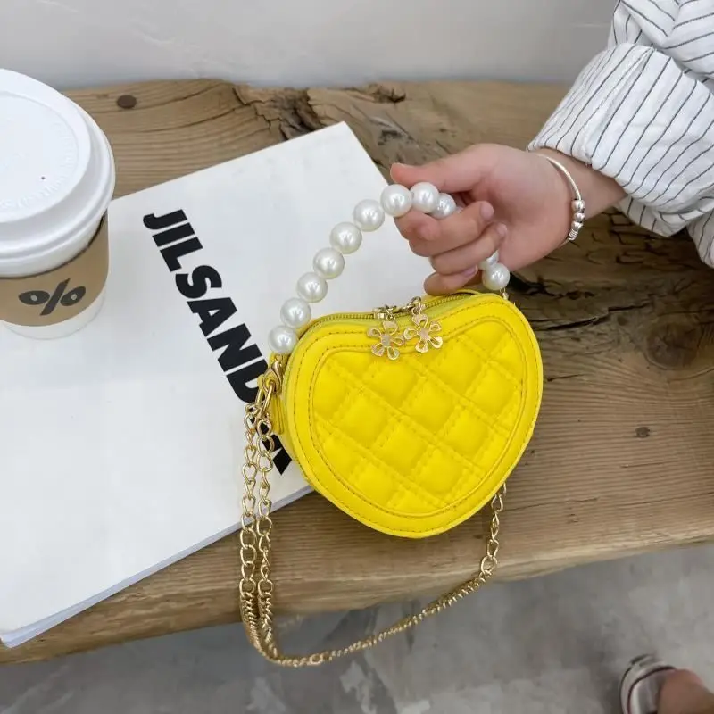 2023 Pearl Handle Girls Mini Shoulder Messenger Bag Princess Wallet Coin Purse Handbag Cute Children Heart-shaped Crossbody Bags