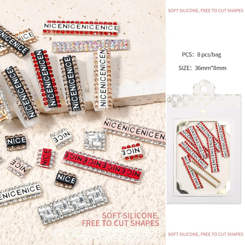 

8pcs Nail Sticker Color Diamond Rhinestone Letter Tape Nail Art Henna Ladies DIY Self Adhesive Glitter Nail Decoration Ornament