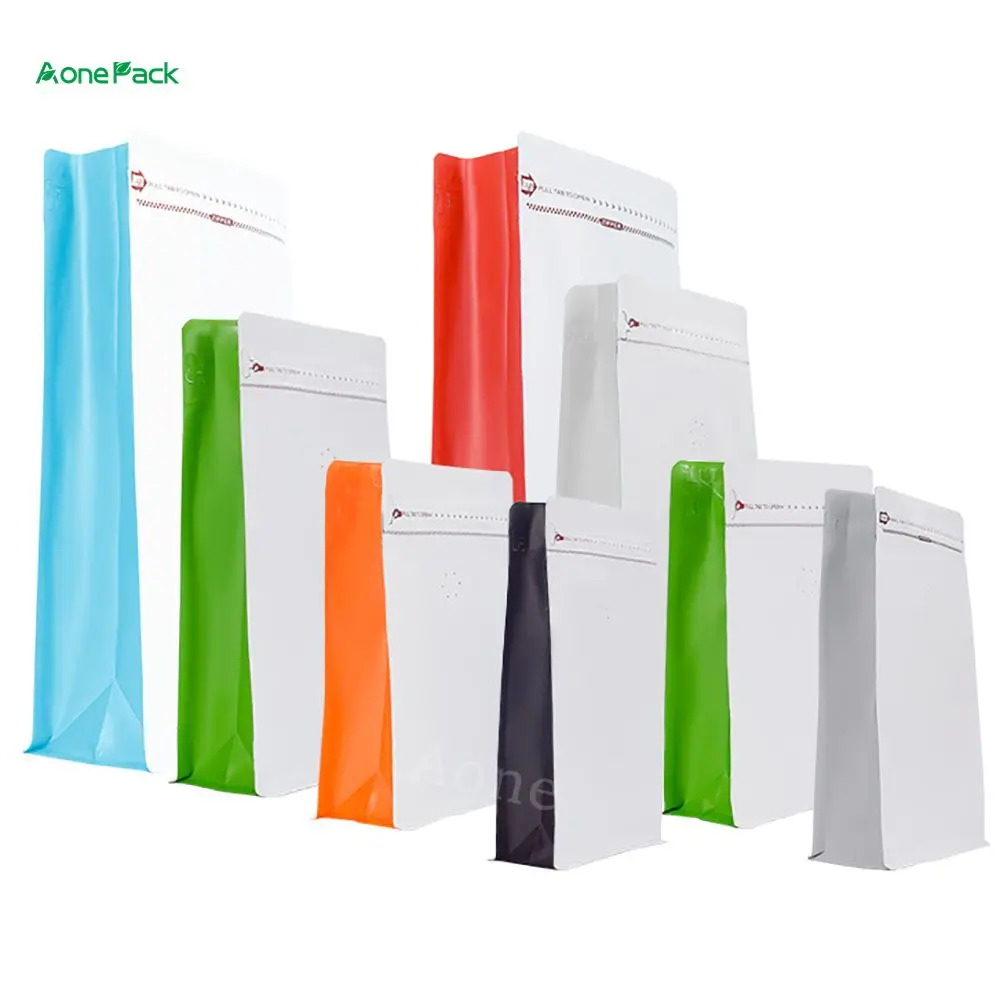 50шт Оптовая боковая подушка стоит вертикальный пакет с молнией с клапаном 125г 250г 500г 1кг Плоское дно Кофейные сумки.