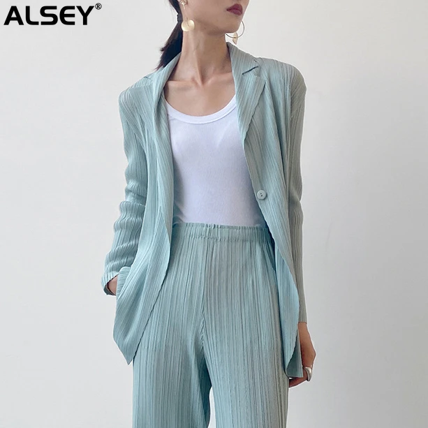 

Женская плиссированная куртка ALSEY, модный однотонный Повседневный облегающий костюм свободного покроя на одной пуговице, с отложным воротником и длинным рукавом, универсальный, Новинка лета 2023