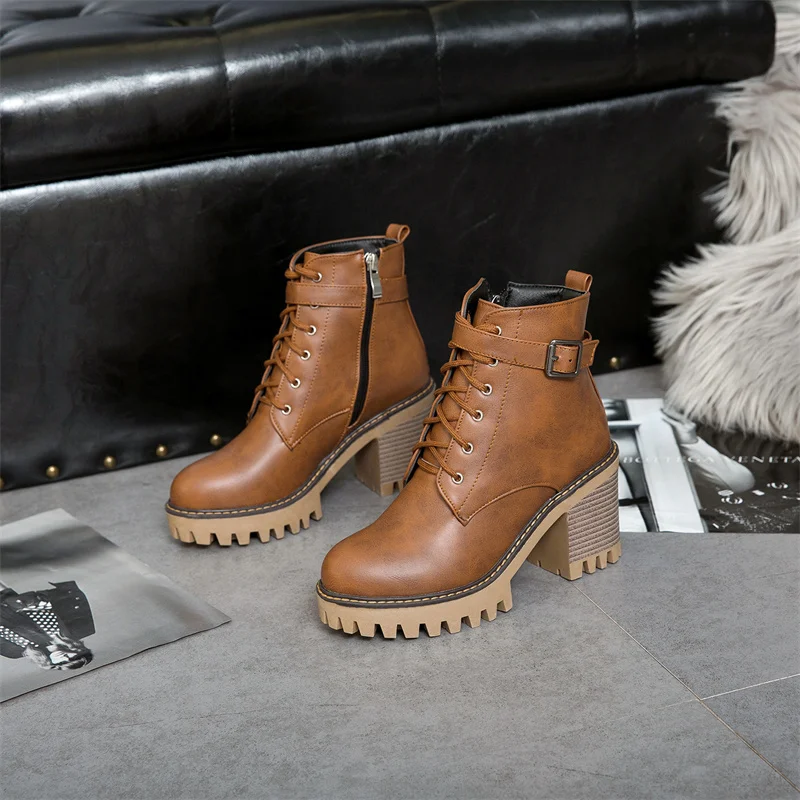 Plus Size 34-43 Ankle Boots Women 2022 Winter Warm Shoes 8cm High Heel Office Lace Up Buckle Platform Leather Shoes Short Boots