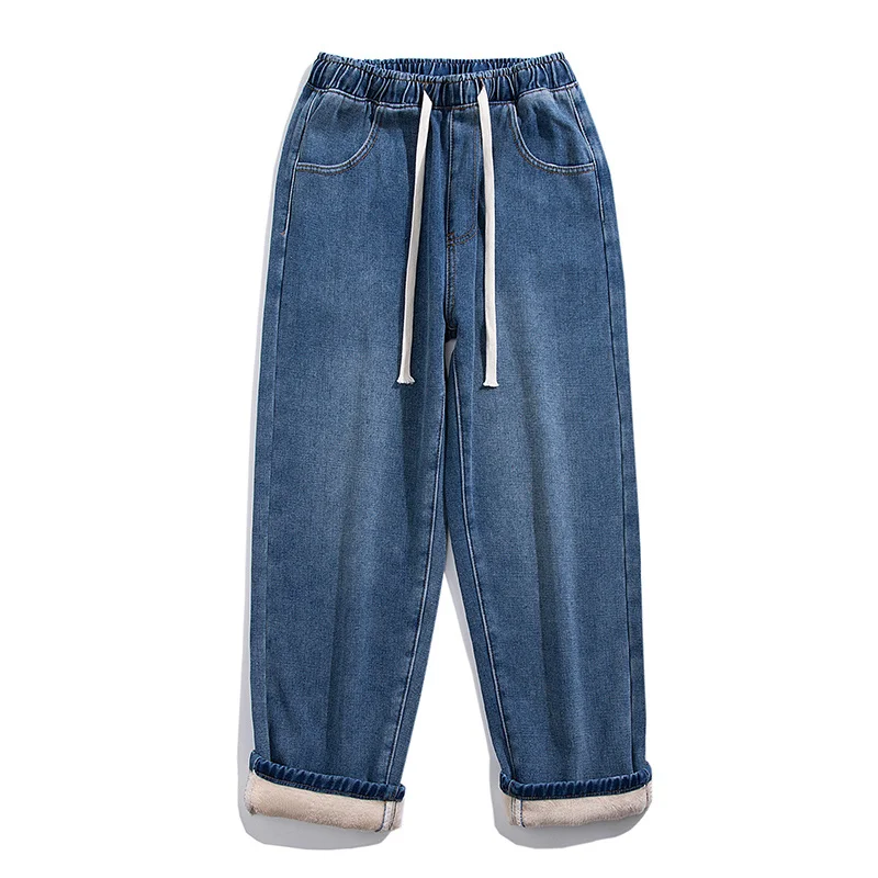 2022 Winter New Men Warm Baggy Jeans Streetwear Korean Fashion Denim Wide Leg Pants Fleece Thick Casual Trousers Male Brand Blue