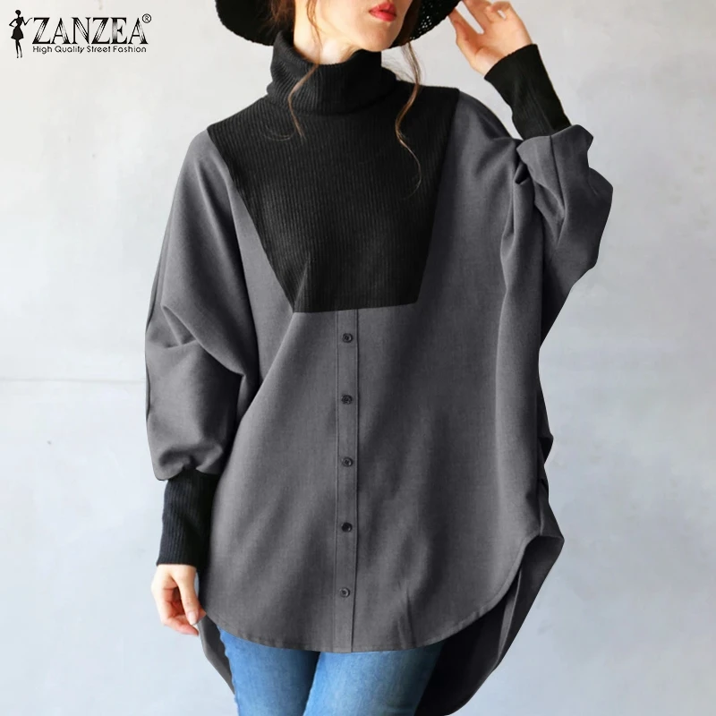 

Повседневная Блузка ZANZEA с высоким воротником, однотонные Лоскутные Блузы 2022, модные топы с длинным рукавом, оверсайз, асимметричная туника, ...