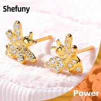 shefuny 925 sterling silver animal bee stud earrings gold color clear zirconia insect earring for women fine jewelry party gift