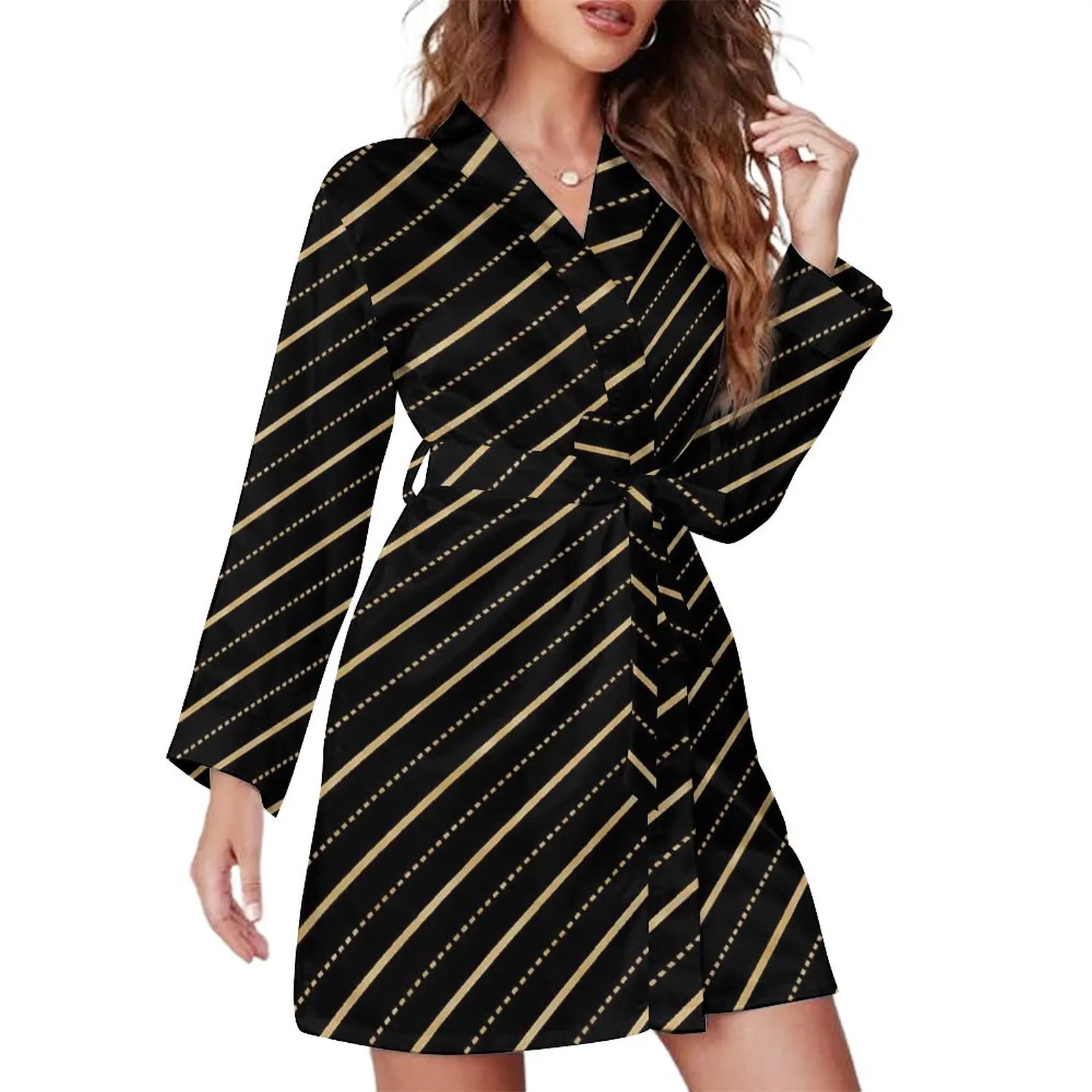 

Gold Dot Pajama Robe Female Glittering Stripes Casual Sleepwear Long Sleeve V Neck Design Pajamas Robes Autumn Soft Dresses