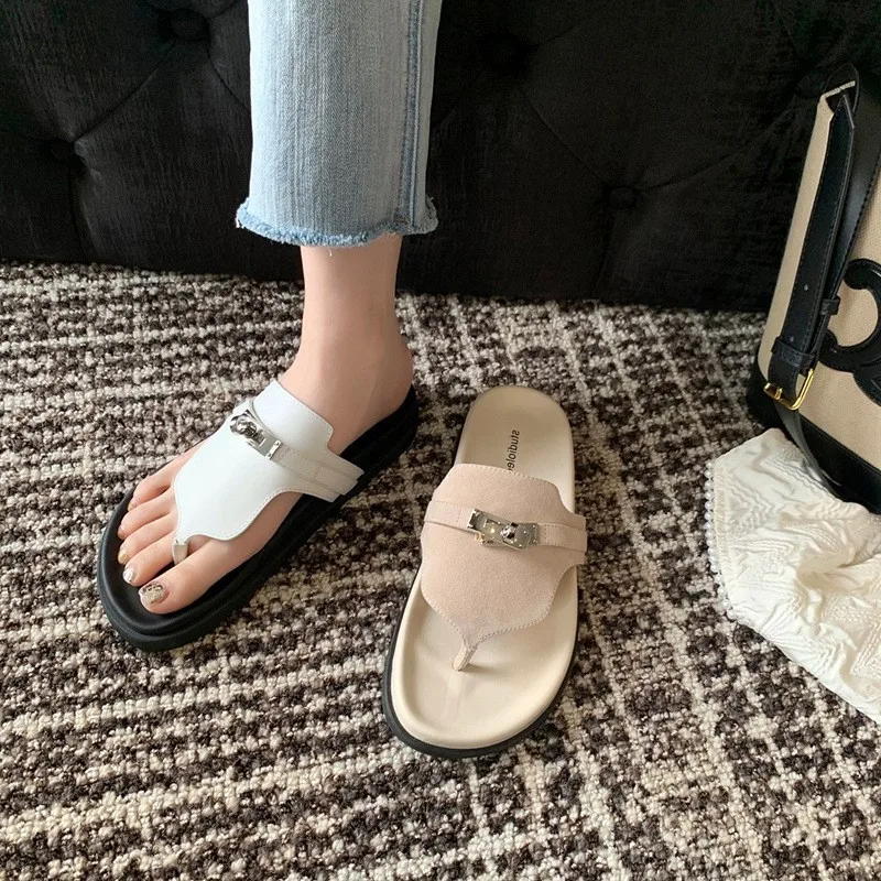 

Mr Co Women Summer Boston Slippers Genuine Leather Natural Cow Suede Sandals Round Head Joker Outdoor Leisure Beach Flip-Flops