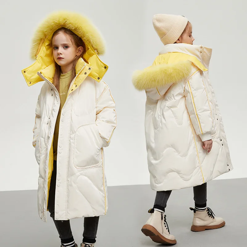 

4-16Y Russian Young Children Boy Girls White Duck Hooded Fur Collar Parka Coat Winter Teens Down Jacket Kids Snowwear Overcoats